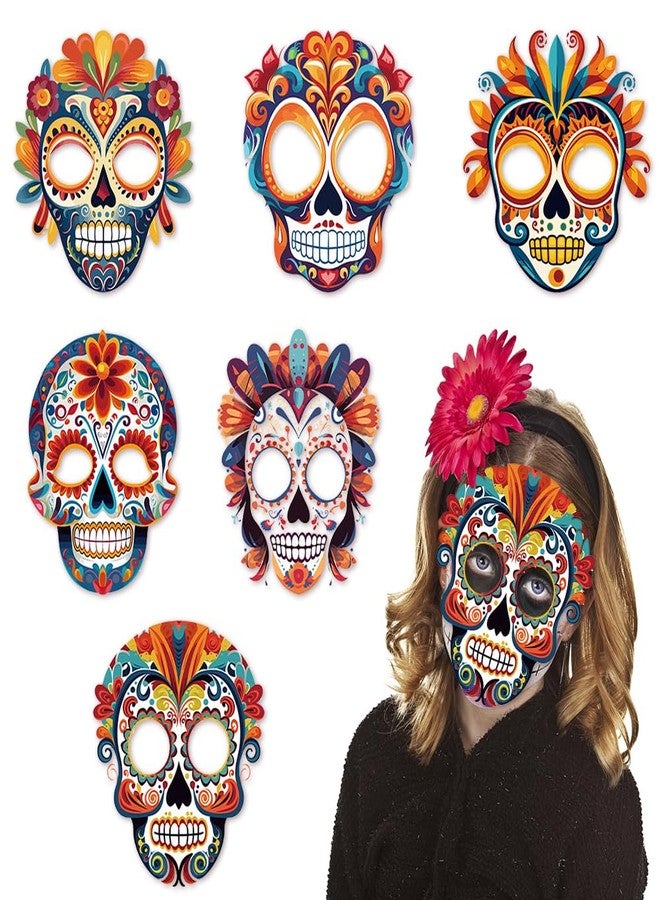 Heureppy 6PCS Day of the Dead Masks Dia de los Muertos Masks Colorful Sugar Skull Face La Catrina Paper Masks for Mexican Fiesta Costume Accessories Día de los Muertos Photo Props Party Cosplay Favor Supplies - Image 1